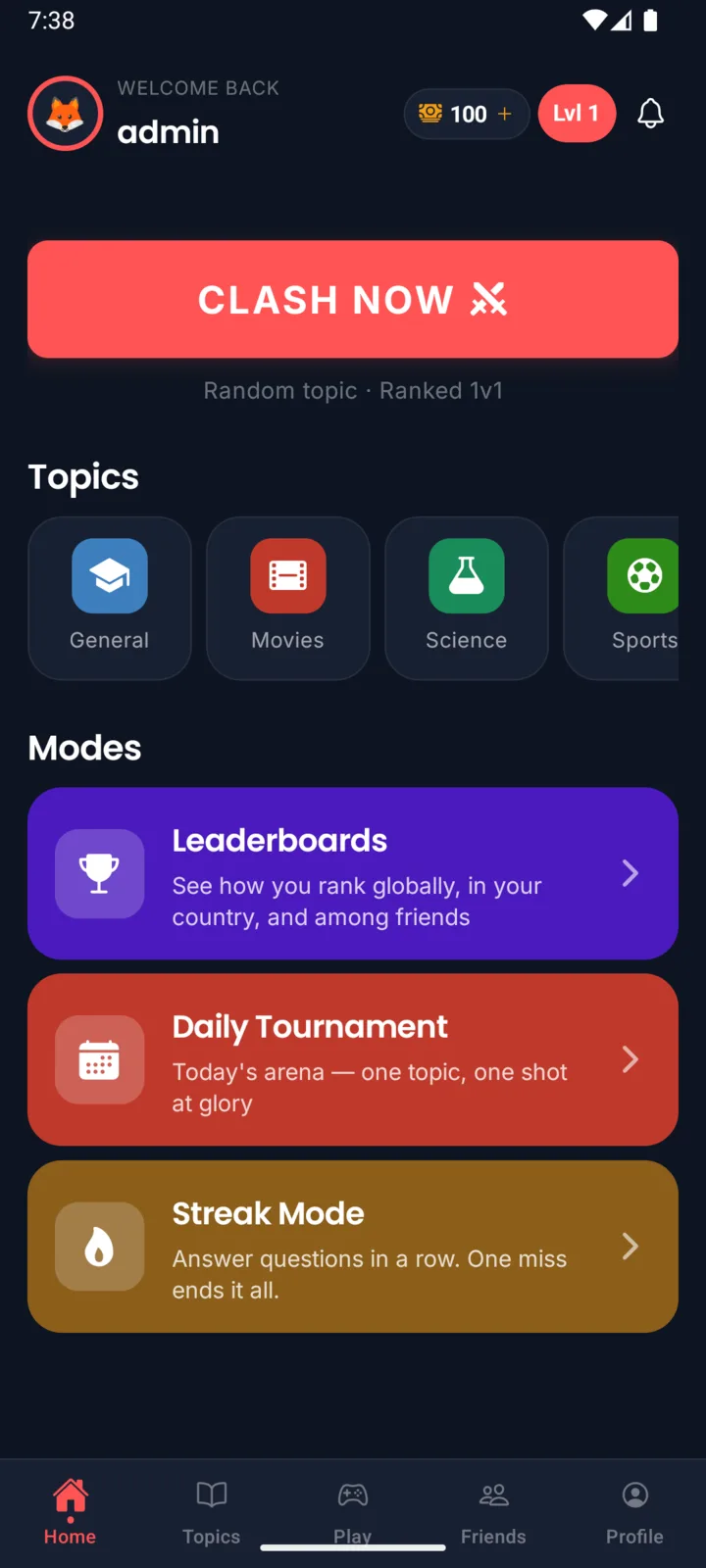 Quizion home screen with the Clash Now button, topic shortcuts, and game modes